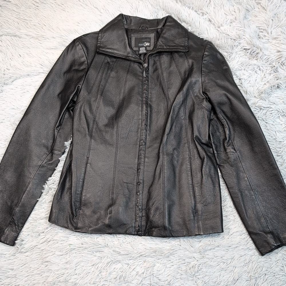 East 5th Jacket Womens M Black Leather Zip Up Coat Pockets Preppy Comfort